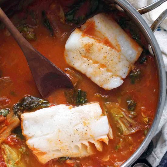 Poached Cod with Tomato & Escarole