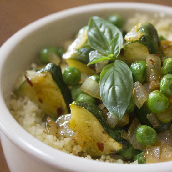 Pattypan and Peas on Couscous