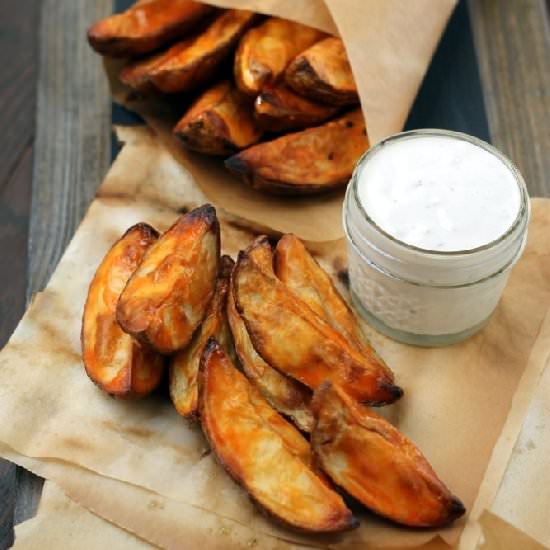 Super Simple Buffalo Potato Wedges