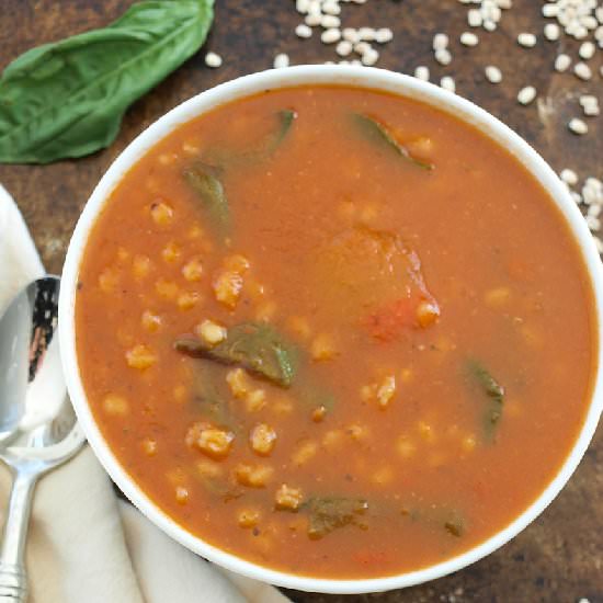 Tomato Barley Soup with Baby Greens