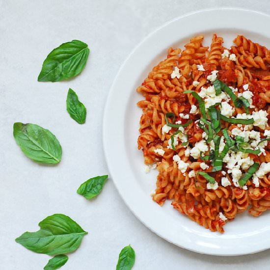 Meaty Fusilli with Basil and Feta