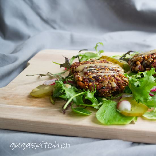Beetroot Burgers w/Tahini Dressing