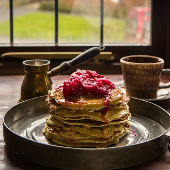 Oatmeal Pancake with Poached Rhubarb