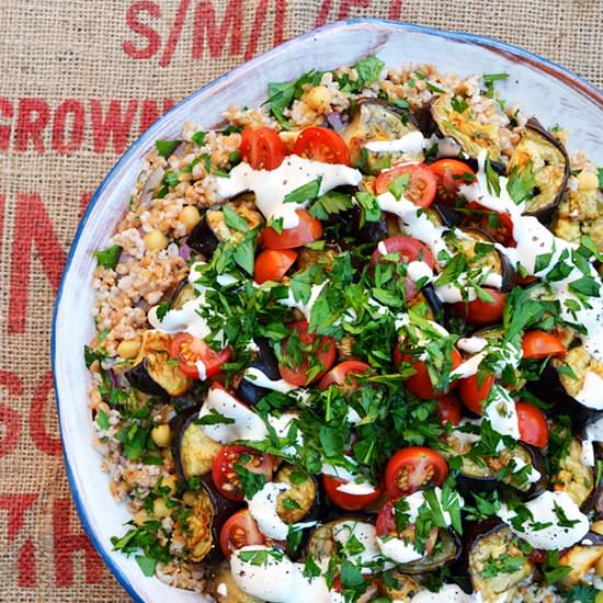 Roast eggplant farro salad