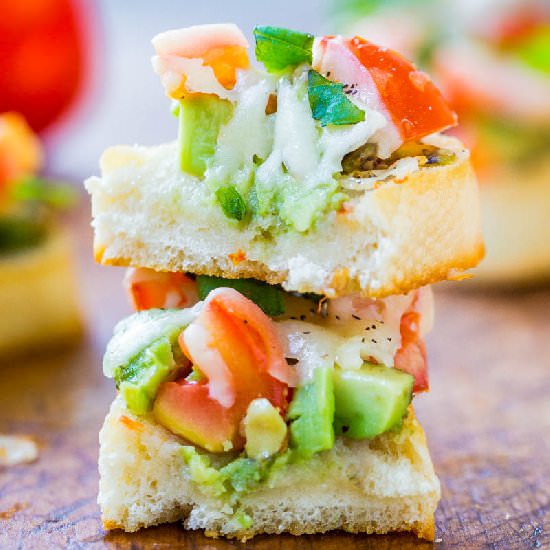 Avocado, Tomato & Mozz Crostini