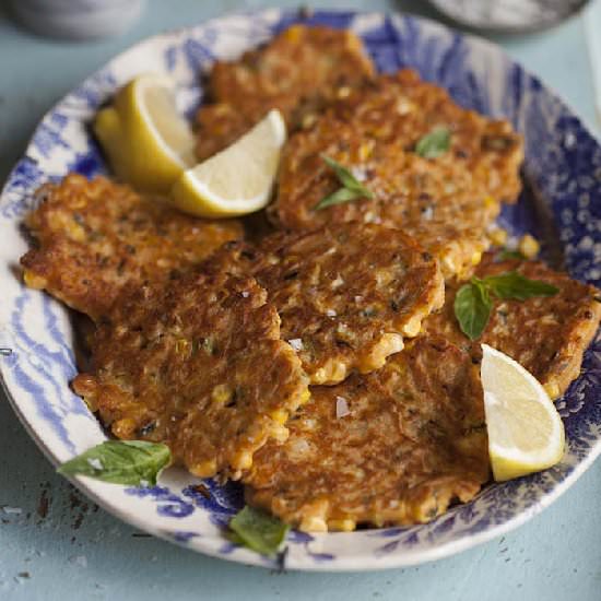 Corn fritters with chilli and basil
