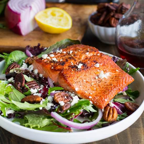 Seared Salmon over Mixed Greens