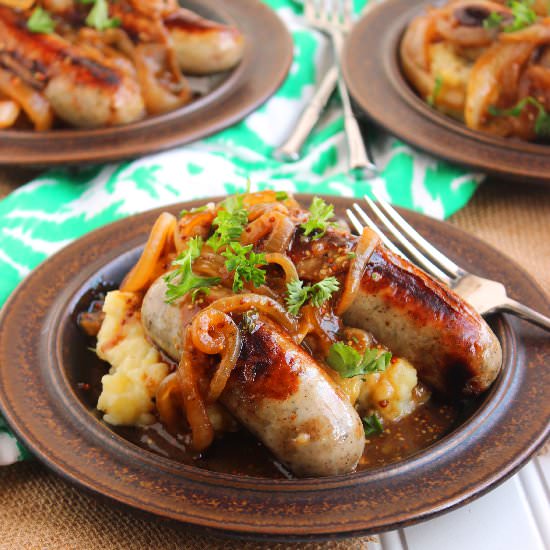 Bangers and Mash with Onion-Mustard