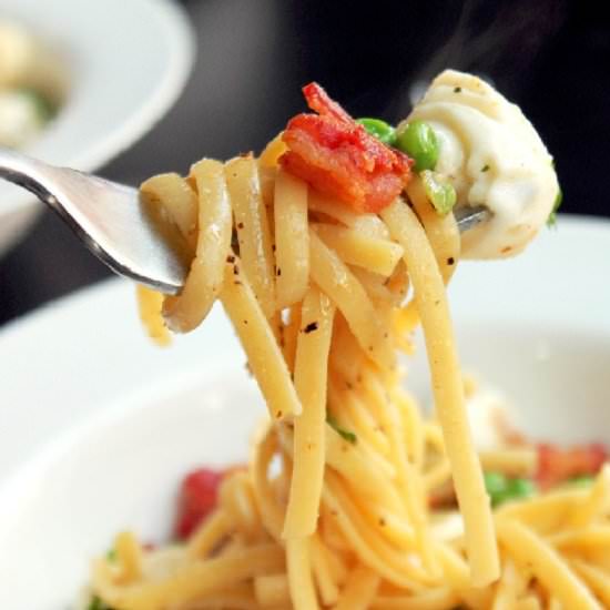 Pasta, peas, and bacon