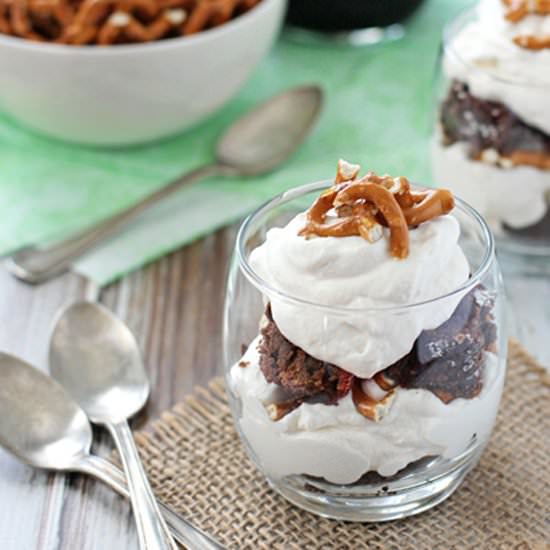 Brownie pretzel trifles