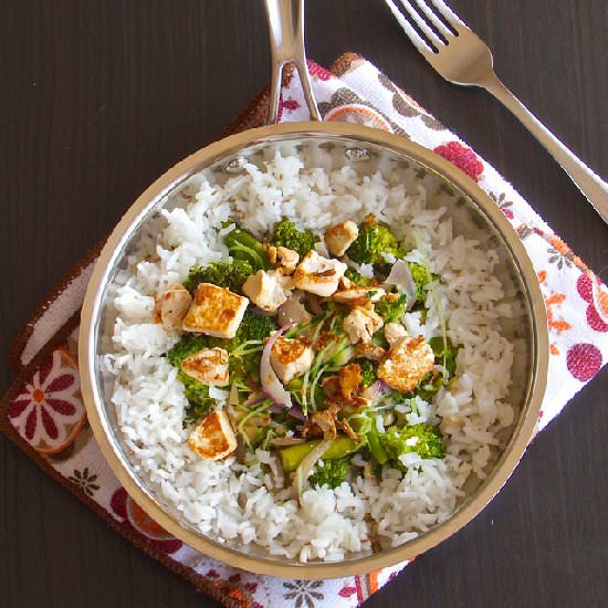 Tofu and pea shoot salad