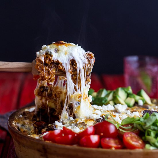 Cheesy Black Bean +Quinoa Taco Bake