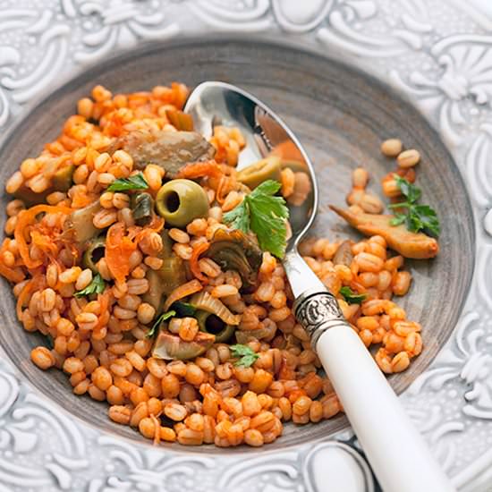 Barley with artichoke caponata