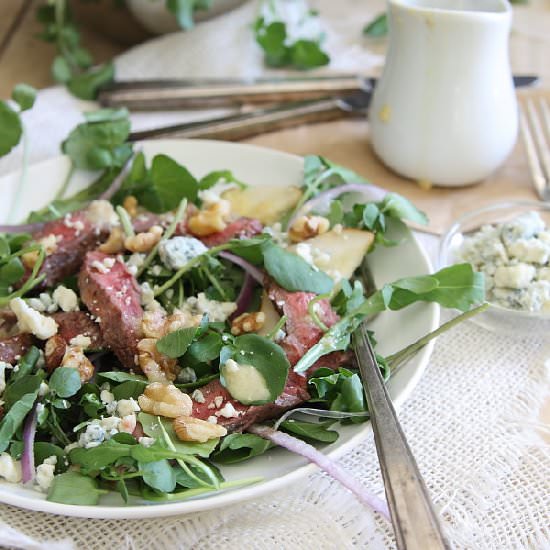 Steak, pear & watercress salad