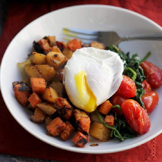 Two Potato Hash with Poached Eggs