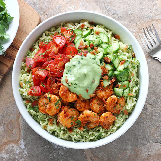Shrimp Guacamole Ramen Noodle Bowl