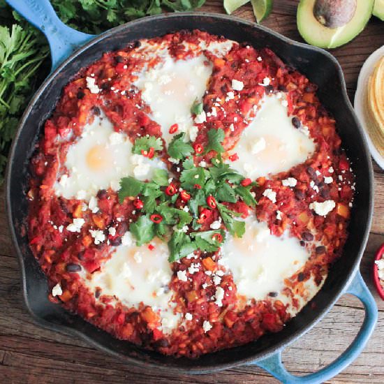 Baked Eggs w/ Farro and Black Beans