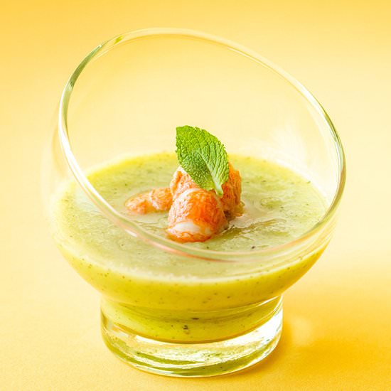 Green gazpacho with prawns