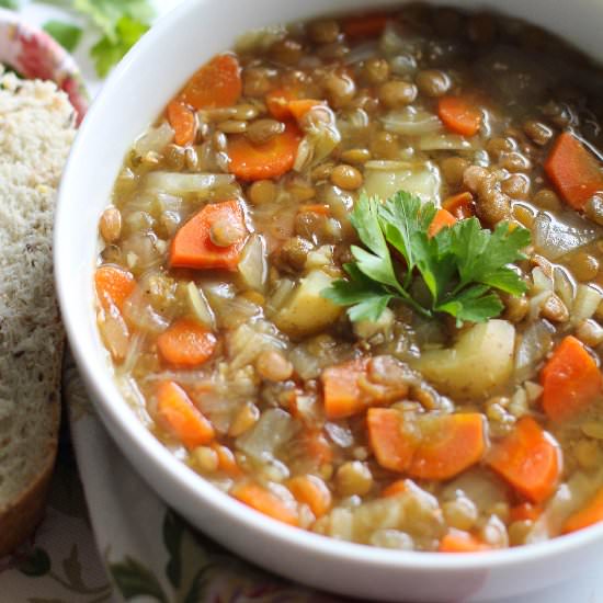 Hearty Lentil, Carrot + Potato Soup