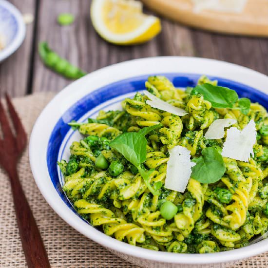 Watercress Pesto Pasta with Peas