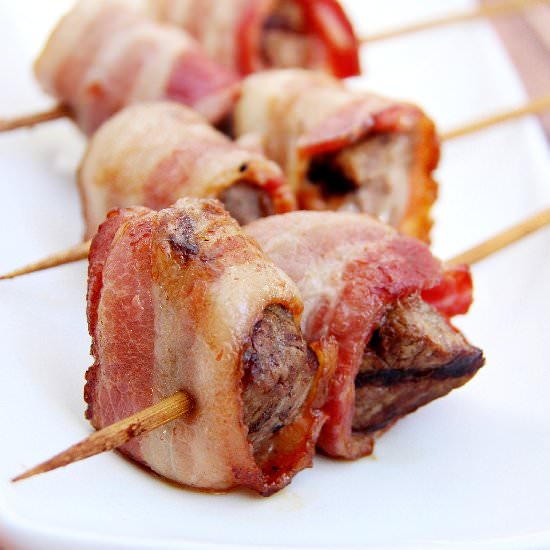 Bacon Wrapped Steak Skewers