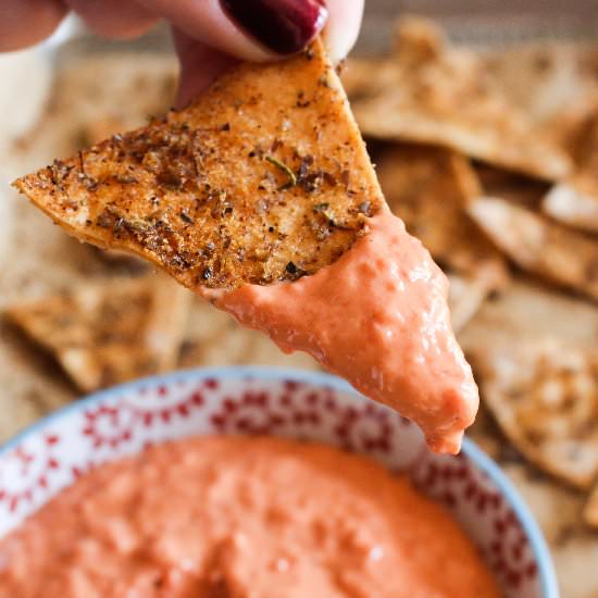 Roasted Red Pepper Dip + Flax Chips