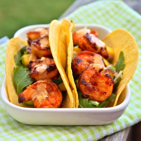 Grilled Shrimp Arugula Tacos