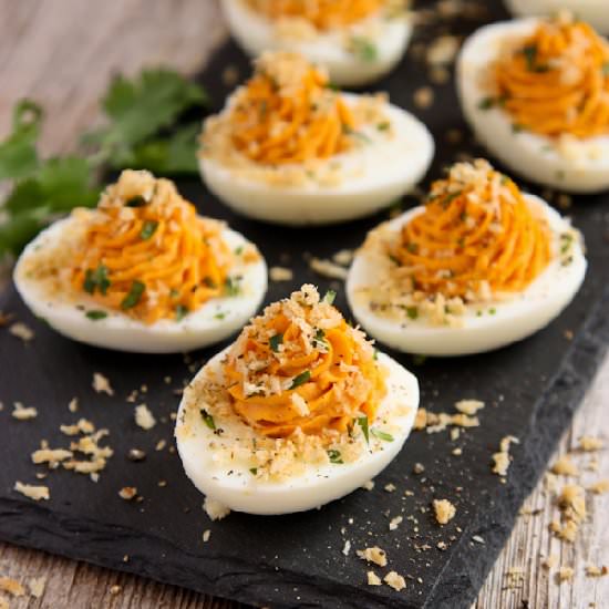 Sriracha Deviled Eggs w/ Toast Top