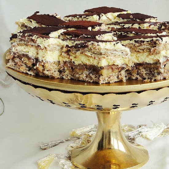 Cake with Nuts, Cream and Chocolate