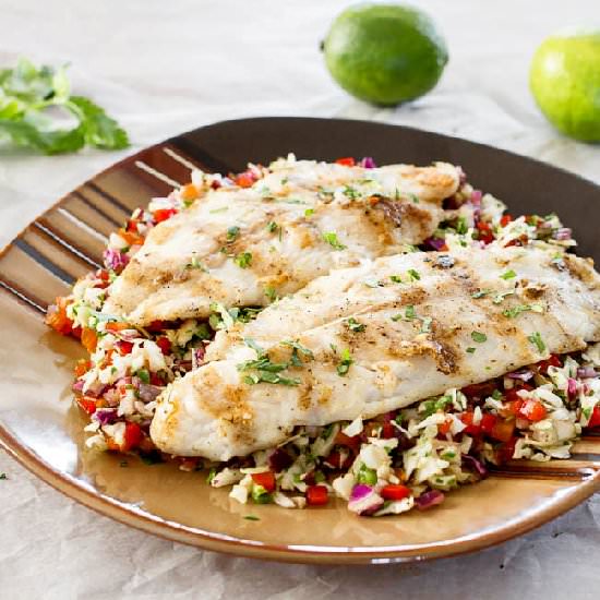 Grilled Basa over Spicy Slaw