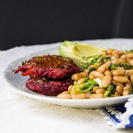 Beet Latkes, Fried Broccoli + Beans
