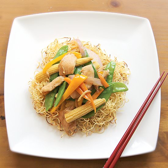 Chicken Stir-fry on Crispy Noodles
