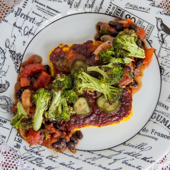 Glazed polenta slices + veg sauce