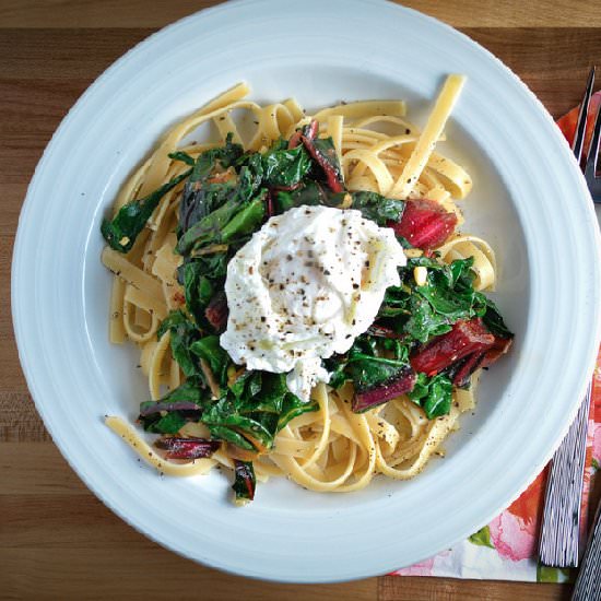 Wilted Greens, Pasta, & Poached Egg