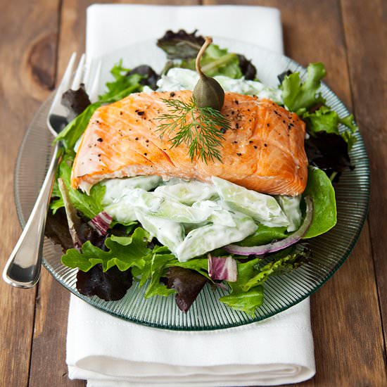 Grilled Salmon Cucumber Dill Salad