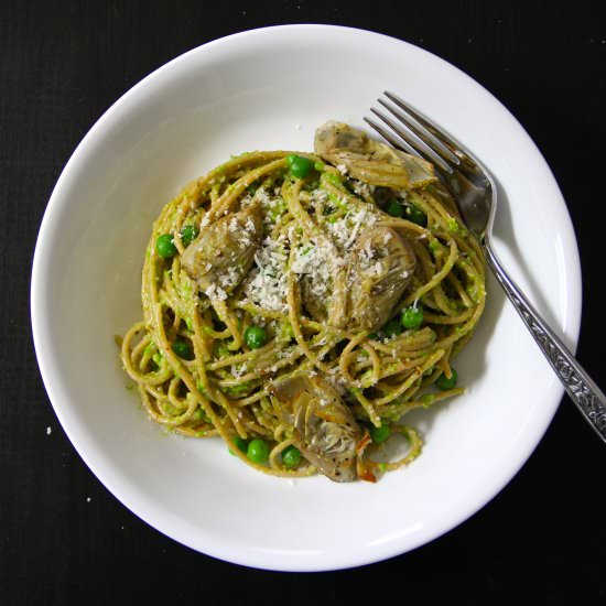 Pea Pesto, Artichokes & Spaghetti