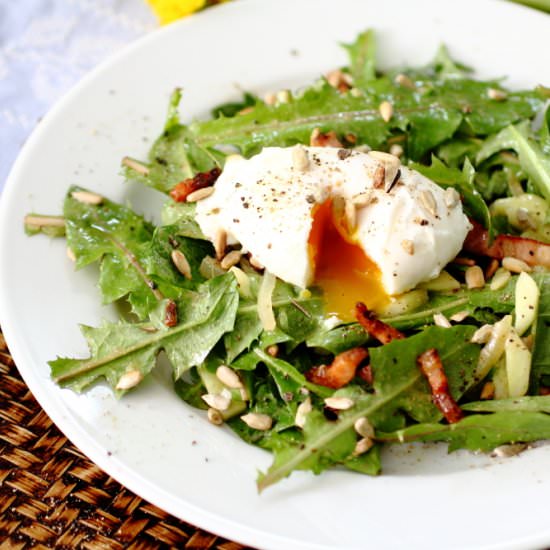 Dandelion salad with poached egg