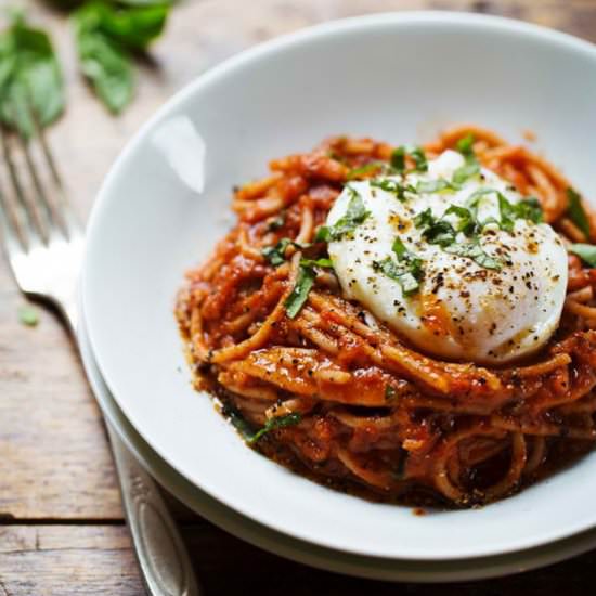 Spaghetti Marinara Poached Eggs