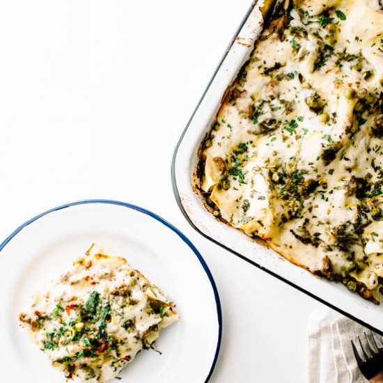 Springtime Lasagna with Lamb & Peas