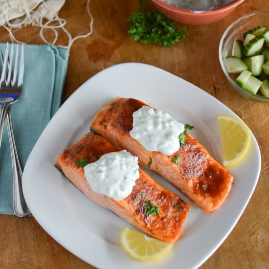 Moroccan Salmon with Cucumber Raita