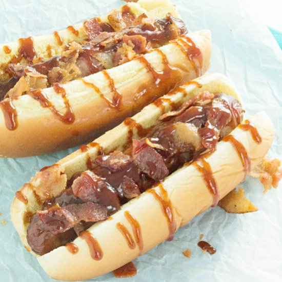 Spicy BBQ Bacon Wrapped Hot Dogs