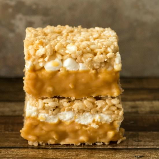 Caramel Stuffed Rice Krispie Treats