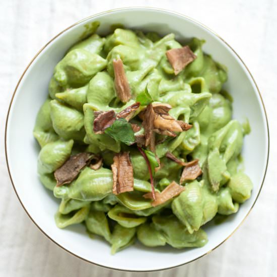 Chard Pasta w/ Porcinis & Peas