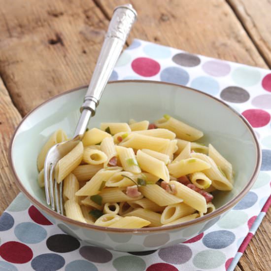 Penne with leek and bacon