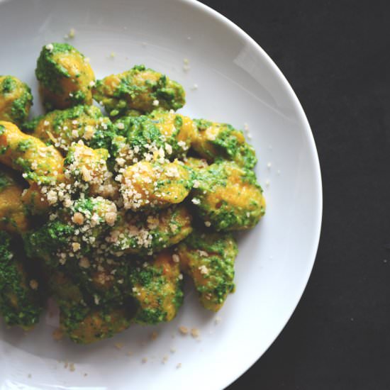 Kabocha gnocchi with spinach pesto