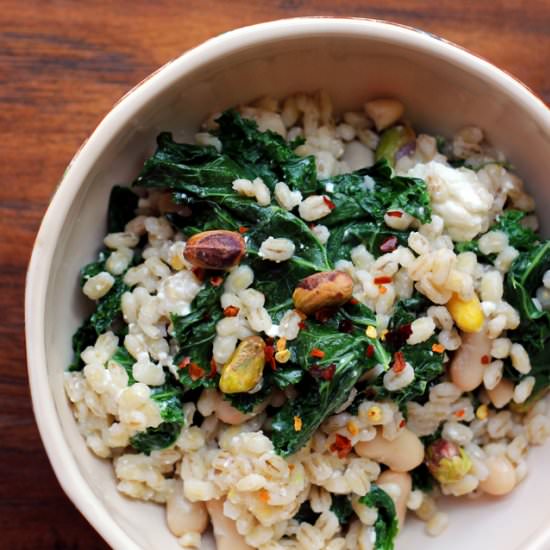 Barley salad with kale, pistachio