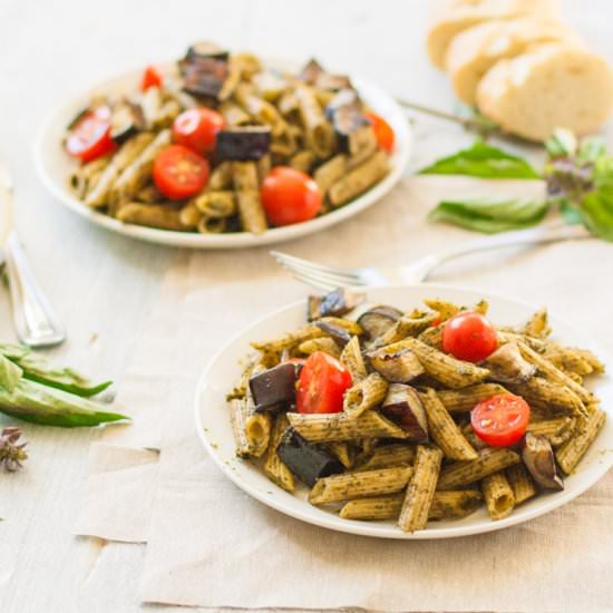 Caramelized Eggplant & Pesto Pasta