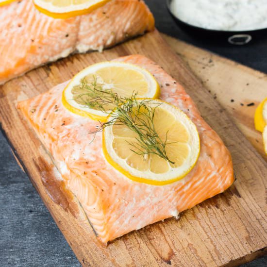 Cedar Plank Salmon with Dill Sauce