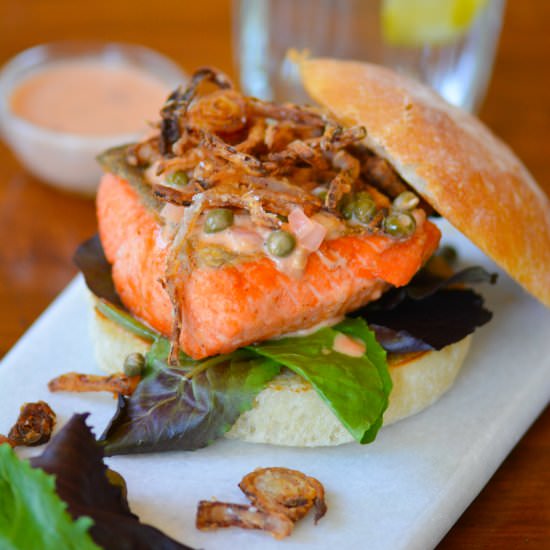 Salmon Burgers w/ Lemon-Caper Sauce