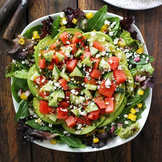 Watermelon Cucumber Avocado Salad